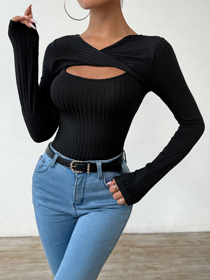 Cutout Surplice Long Sleeve T-Shirt