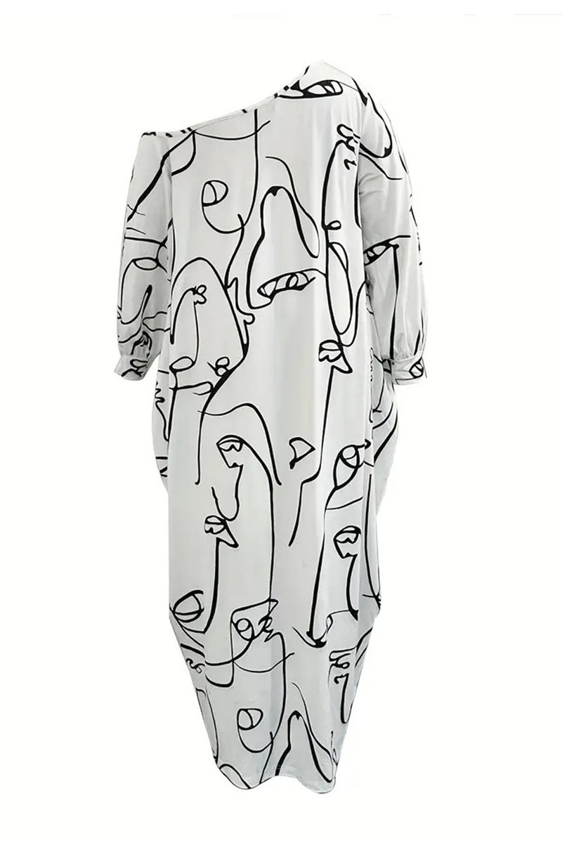 Printed Single Shoulder Lantern Sleeve Maxi Dress