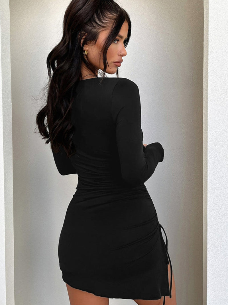 Side Drawstring Round Neck Long Sleeve Dress