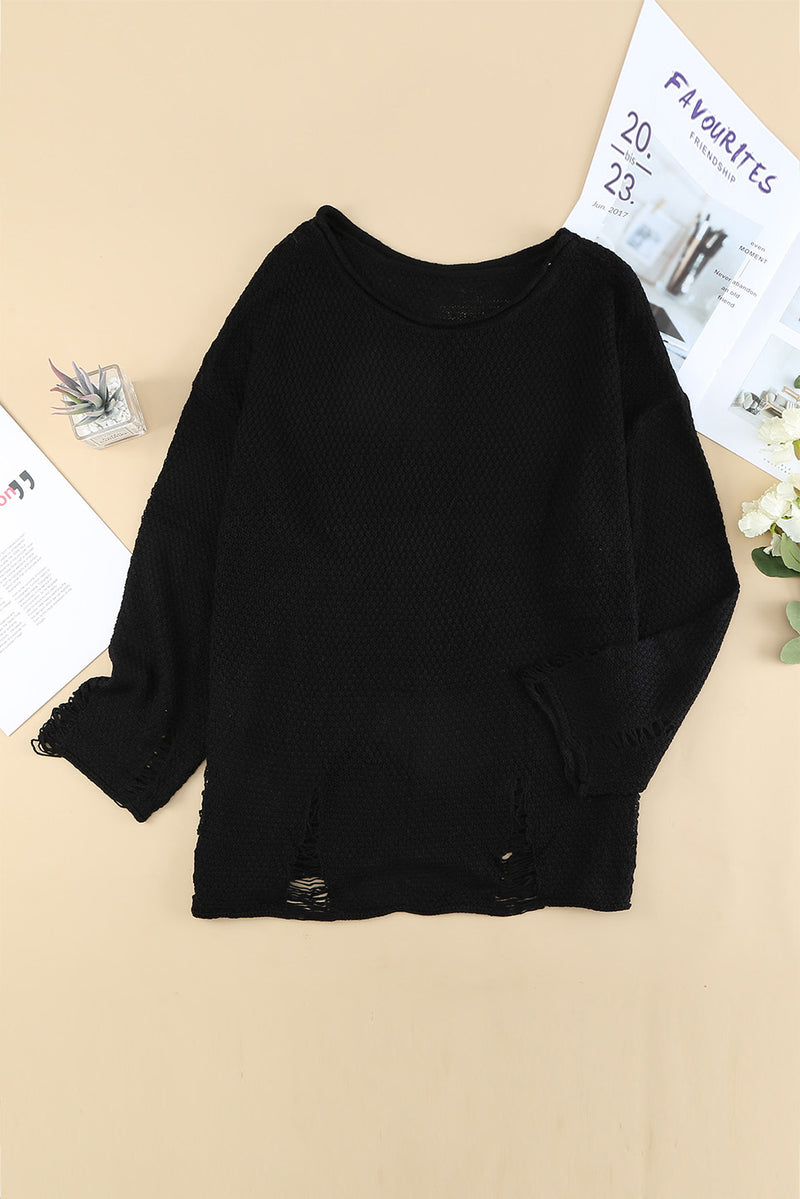 Round Neck Distressed Drop Shoulder Sweater