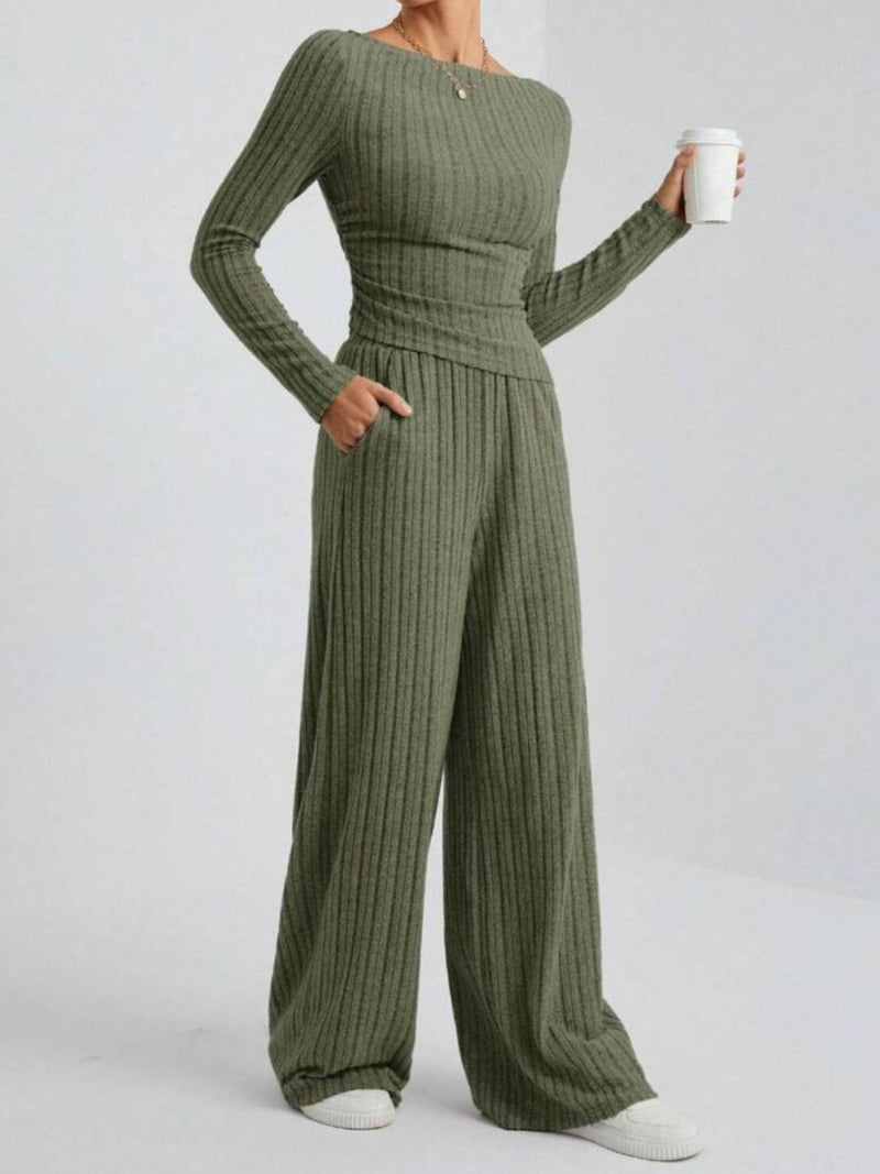 Ribbed Off-Shoulder Top and Pants Set