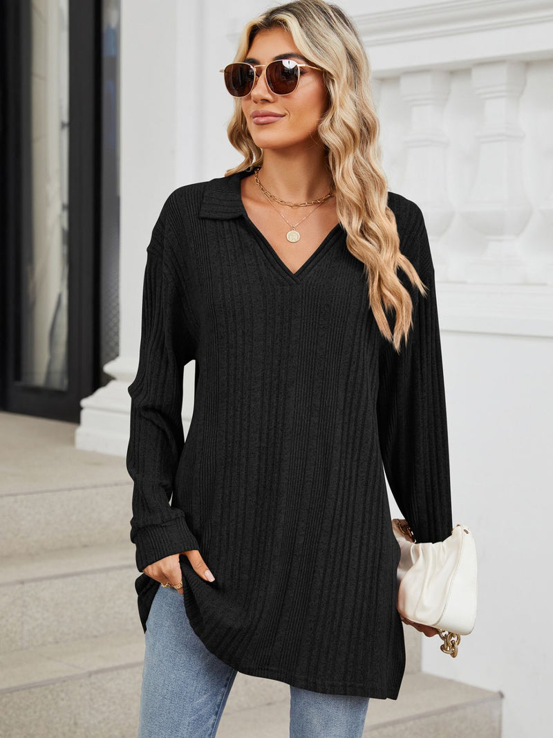 Slit Johnny Collar Long Sleeve T-Shirt