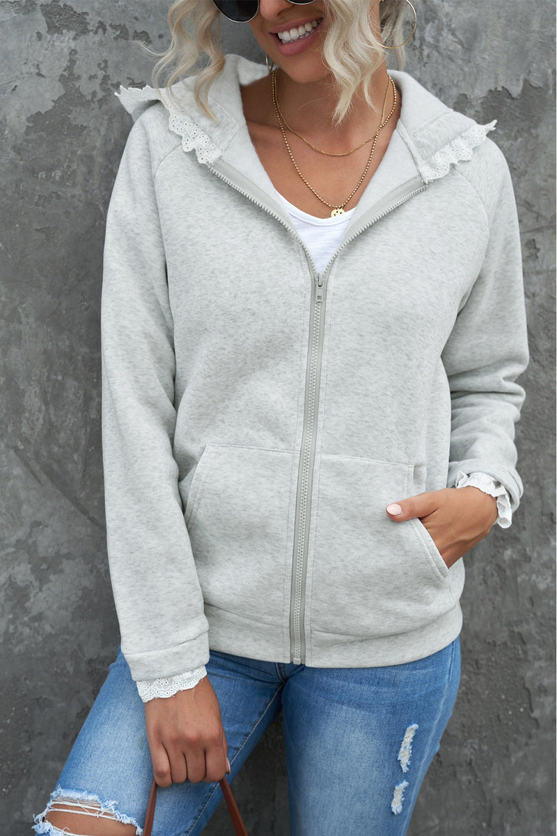 Lace Trim Zip-Up Hooded Jacket