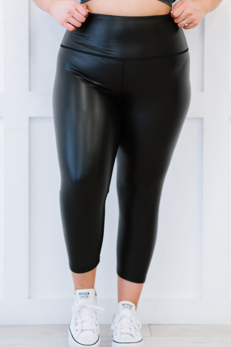 Shiny Black High Waisted Plus Size Faux Leather Leggings