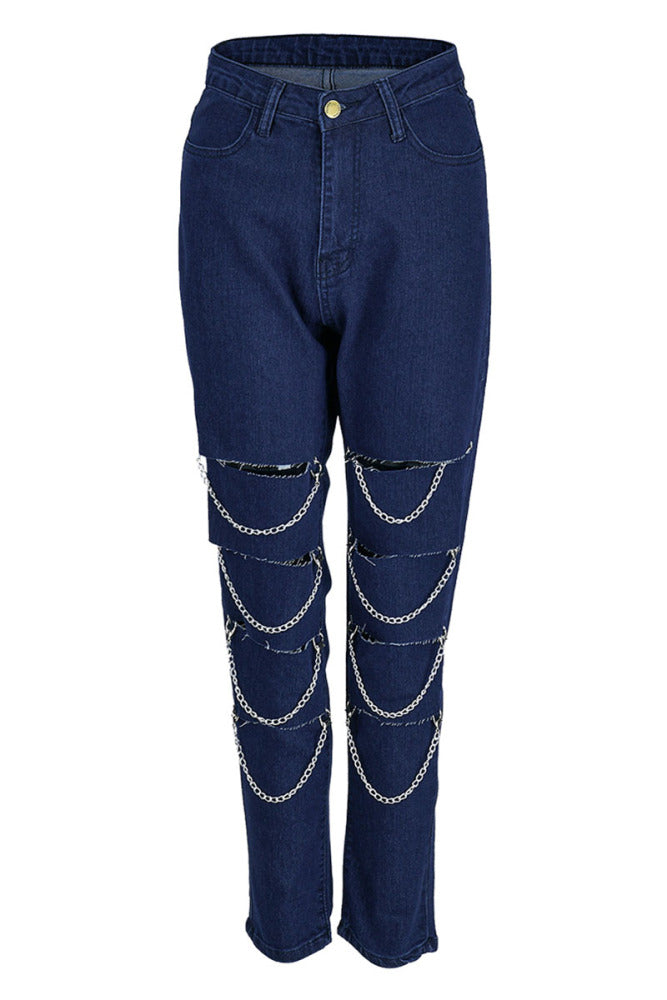 Dark Blue Fashion Casual Solid Ripped  Chains High Waist Skinny Denim Jeans(S-2X)
