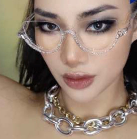 Hot Diamond Glasses Half Frame Cat Eye Women Luxury Designer Sexy Jewel Frame