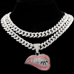 Sexy Biting Lip Pendant Mouth Necklaces Bling Iced Out Necklaces For Men WomenJewelry