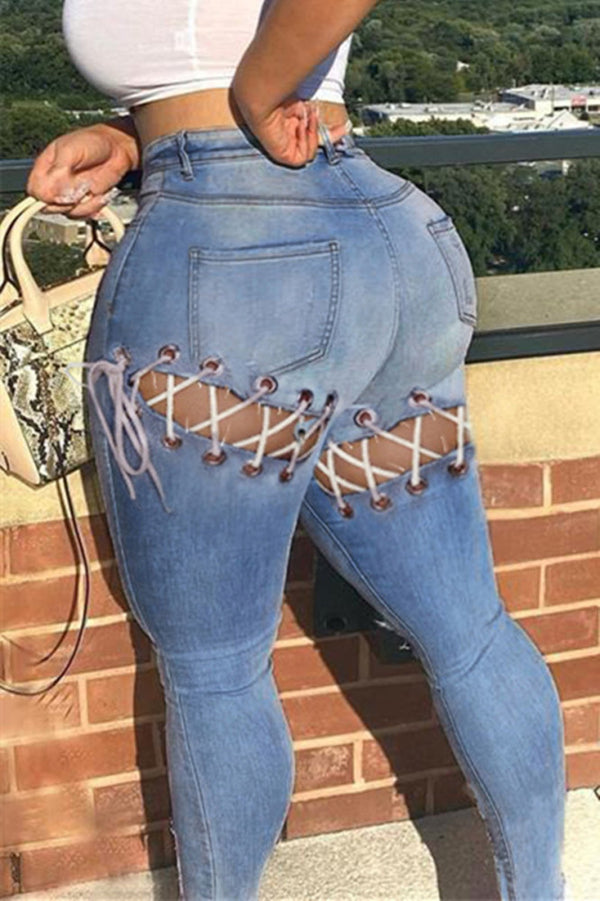 Peek a Boo Fashion Sexy Solid Hollowed Out High Waist Jeans