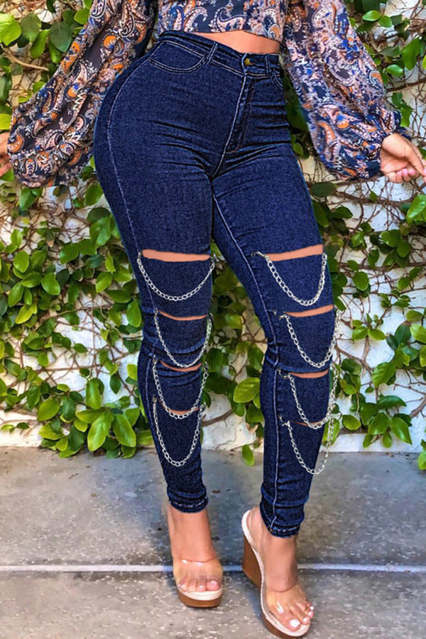 Dark Blue Fashion Casual Solid Ripped  Chains High Waist Skinny Denim Jeans(S-2X)