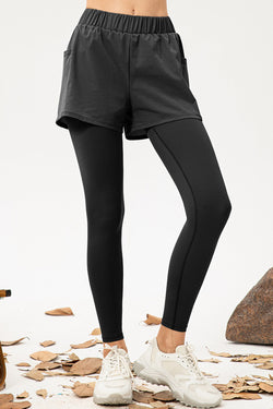 Faux 2-Piece Layered Yoga Leggings with Pockets