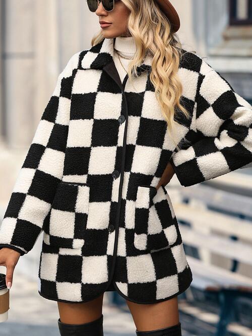 Plus Size Checkered Button Front Coat with Pockets