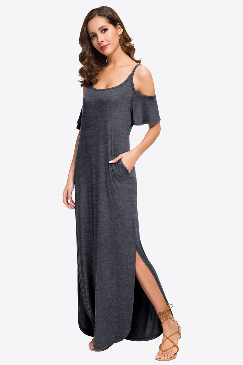 Cold-Shoulder Split Maxi Dress with Pockets