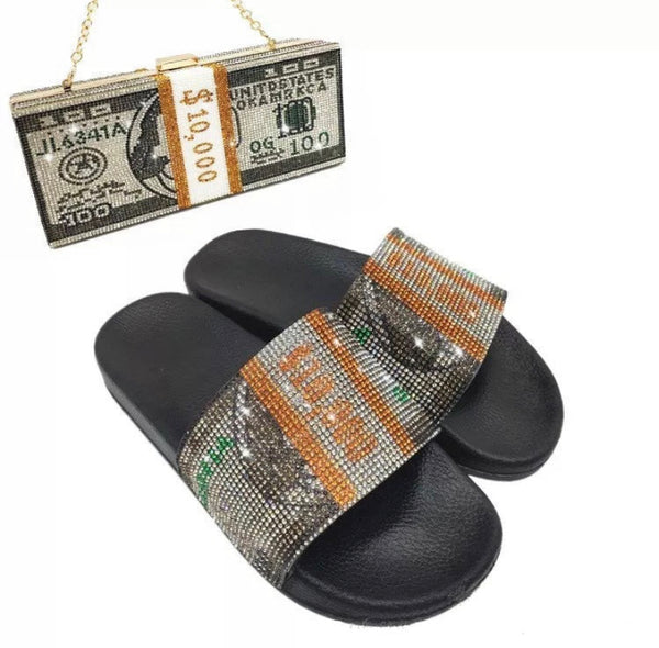 Boujee Money Purse+ Slides Set Shiny Rhinestone