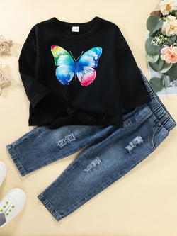 Girls Butterfly Graphic Top and Destroyed Jeans Set