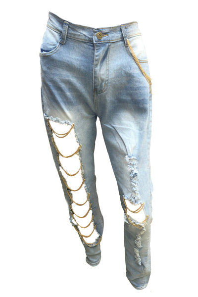 Blue Fashion Mid Waist Broken Holes  Denim Pants Jeans (S-2x)