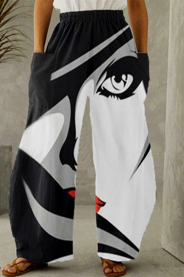 Black White Fashion Casual High Waist Pants S-5X