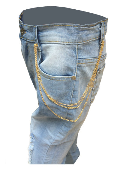 Blue Fashion Mid Waist Broken Holes  Denim Pants Jeans (S-2x)