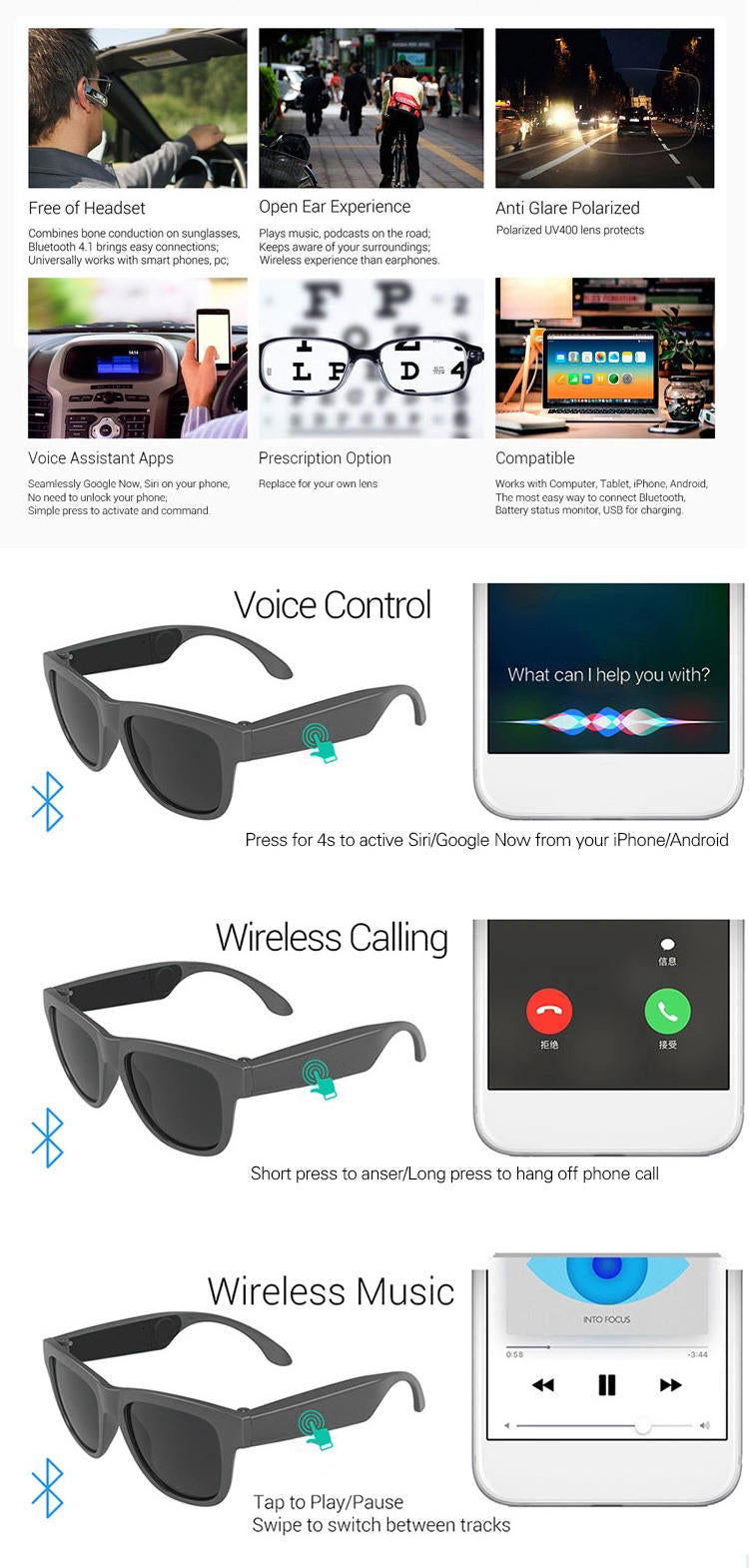 Polarized Lenses Hands-Free Calling Bluetooth Smart Glasses (Clear Lens or dark),Wireless Sunglasses Open Ear Music for Men&Women