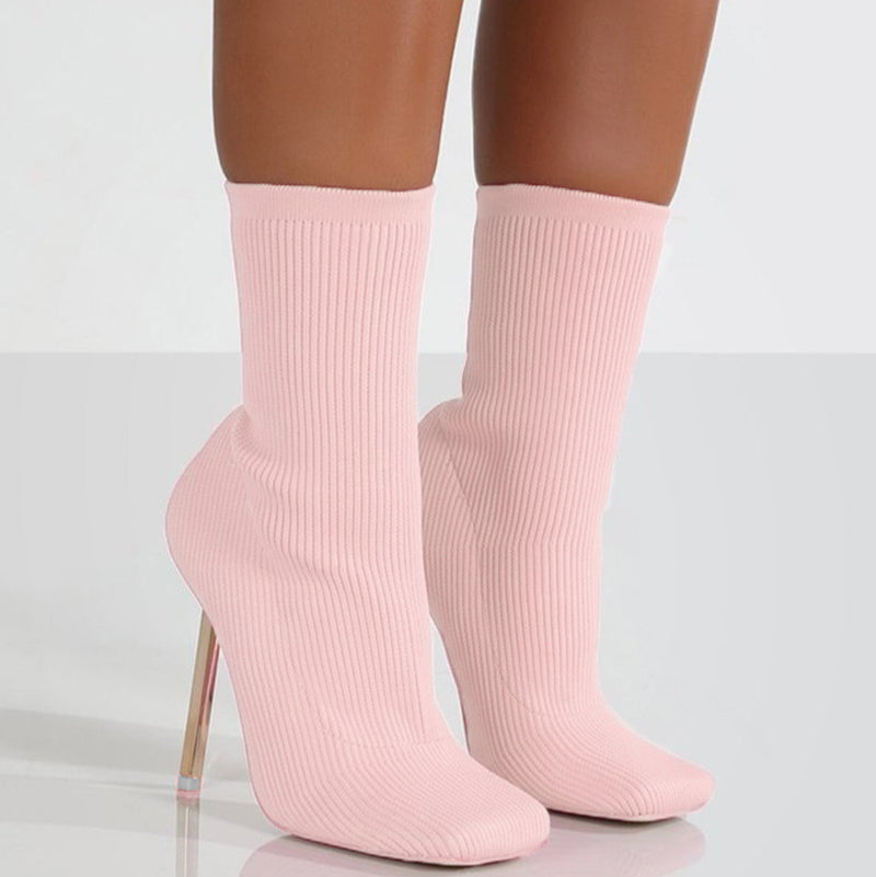 Pretty Pink Mid Calf Knit Stilettos Boots (6-11) sizes