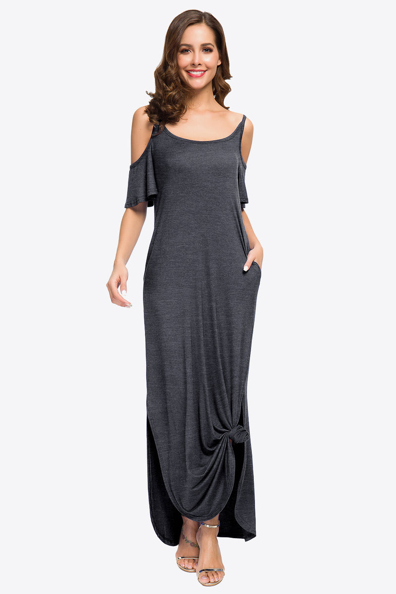 Cold-Shoulder Split Maxi Dress with Pockets