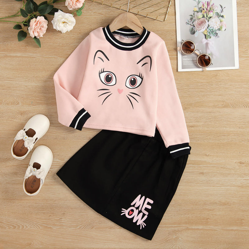 Girls Cat Graphic Sweatshirt and MEOW Skirt Set