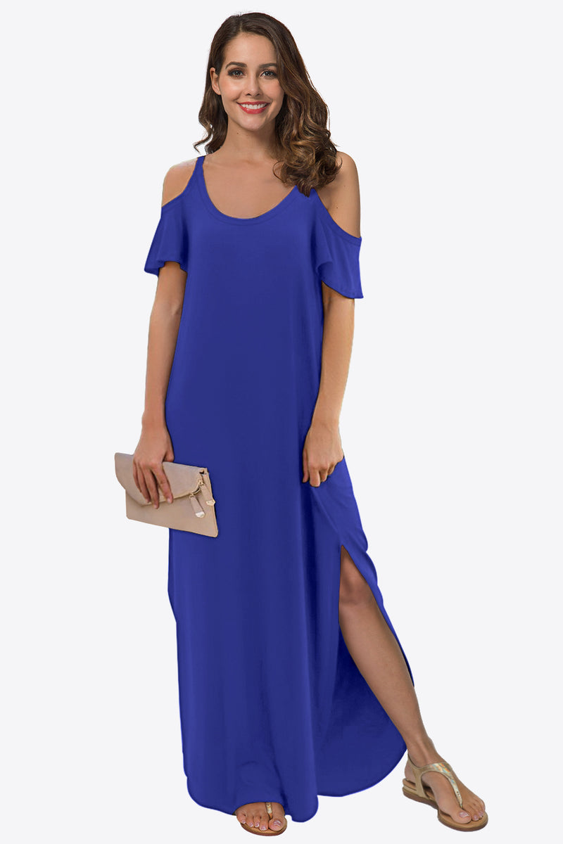 Cold-Shoulder Split Maxi Dress with Pockets