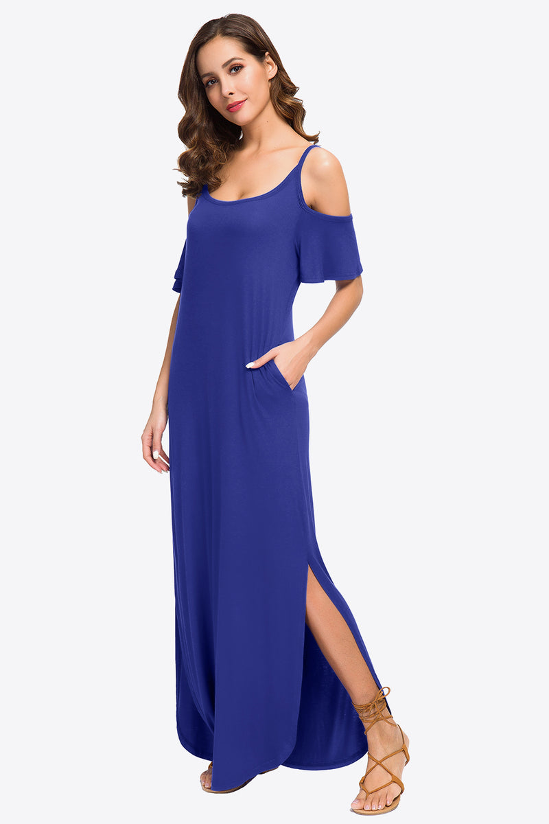 Cold-Shoulder Split Maxi Dress with Pockets